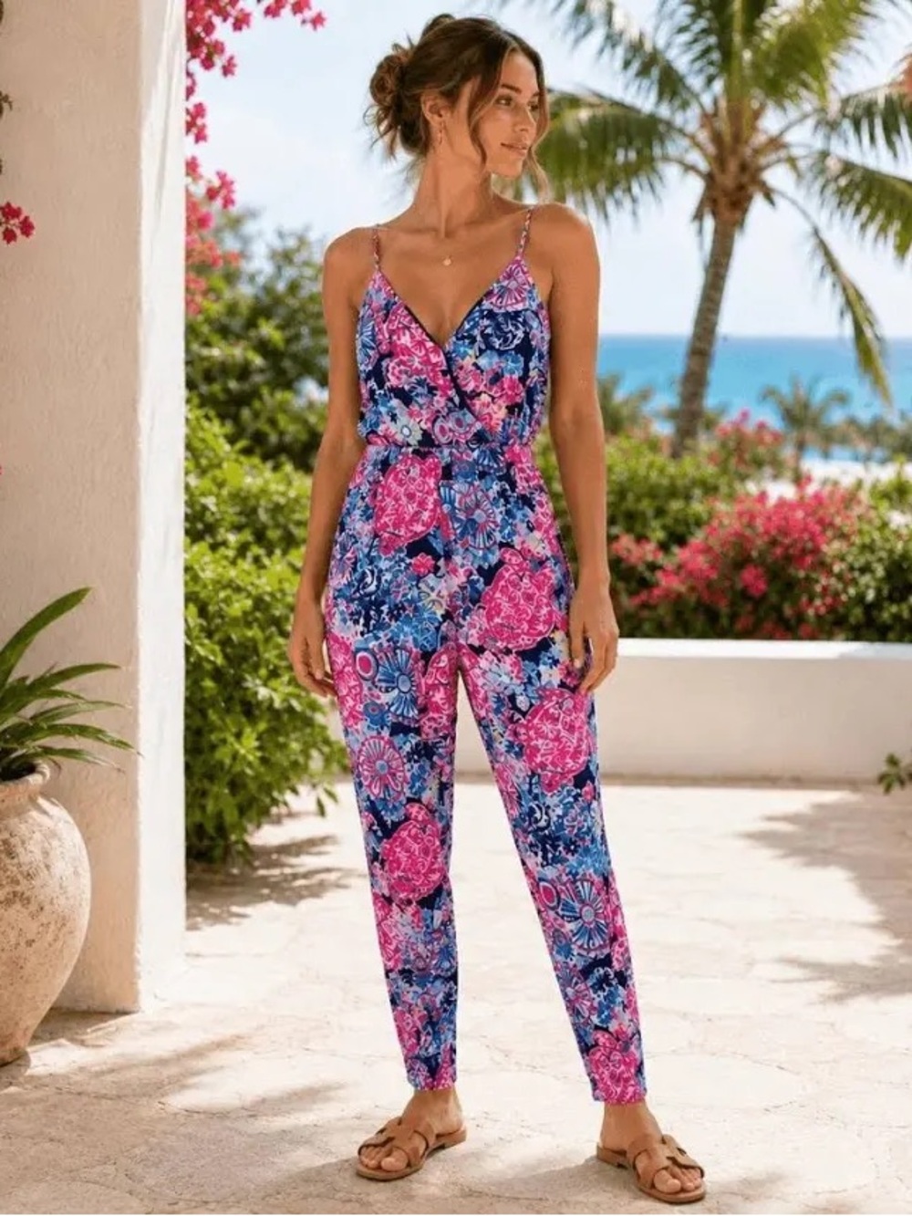 Lilly Pulitzer Dante Jumpsuit in Pink & Blue Turtle Amazement, Size L